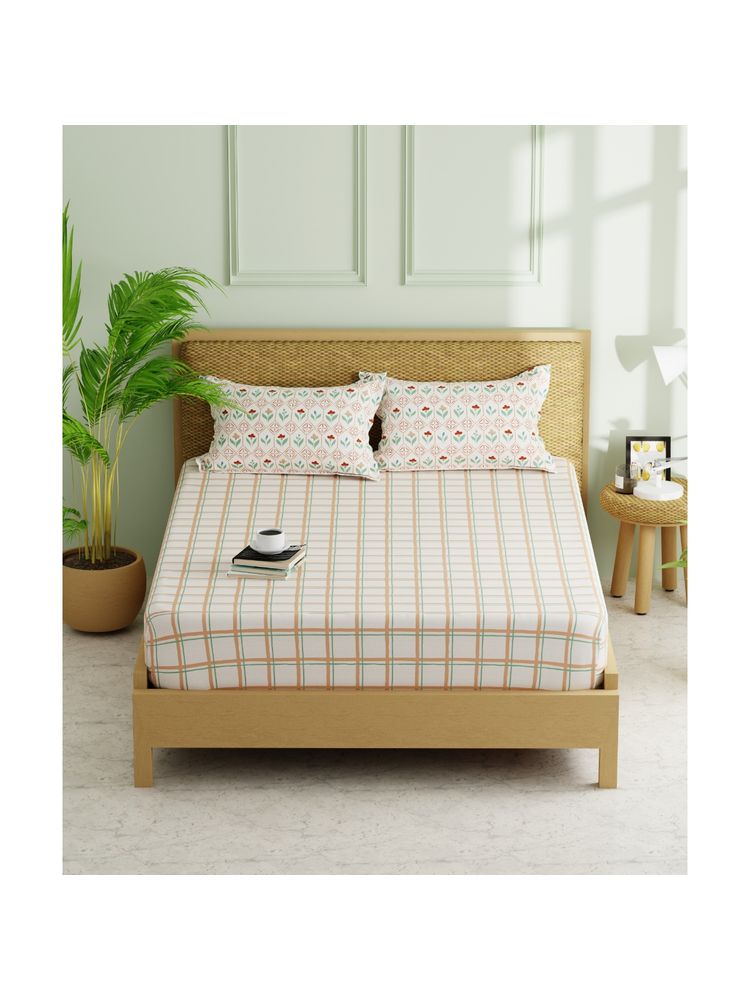 KOPA Double Bed Fitted Bed Sheet With Pillow Covers (Lorenzo) White/Beige (Queen)-image-2