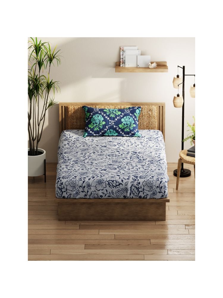 KOPA Single Bed Bedsheet With Pillow Cover (Classic Cotton Feel) Floral-Grey/Navy Blue (Queen)-image-5