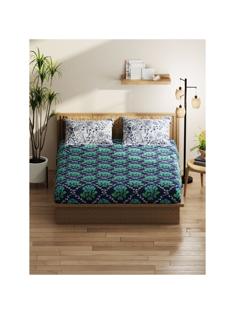 KOPA Double Bedsheet With Pillow Covers (Classic Cotton Feel) Floral-Green/Navy Blue (Queen)-image-6
