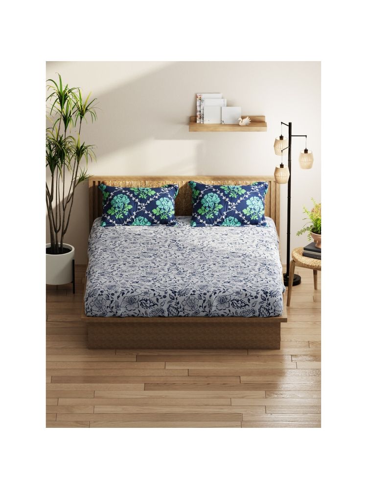 KOPA Double Bedsheet With Pillow Covers (Classic Cotton Feel) Floral-Grey/Navy Blue (Queen)-image-25