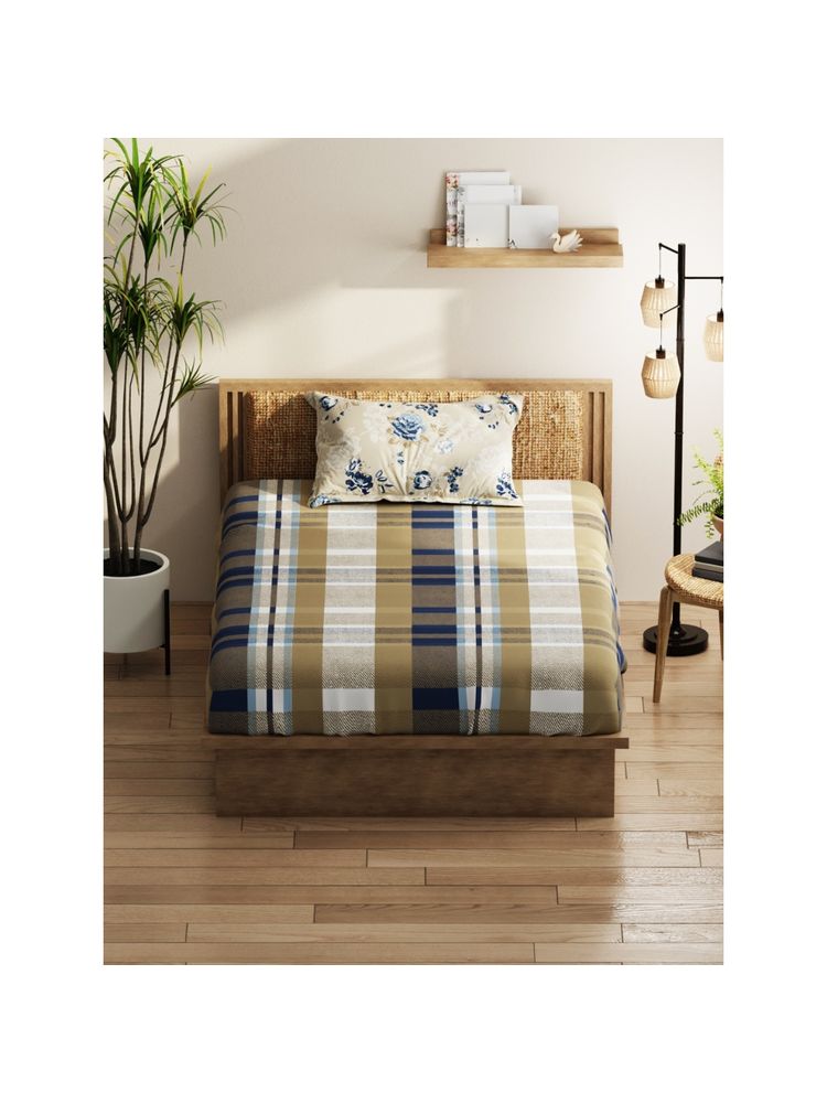 KOPA Single Bed Bedsheet With Pillow Cover (Classic Cotton Feel) Floral-Sand Beige/Blue (Queen)-image-47