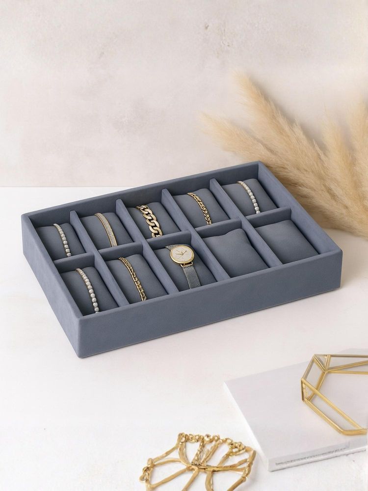 La Trove Grey Premium Velvet 10 Slot for Wardrobe Closet Bracelets Organizer Tray-image-37