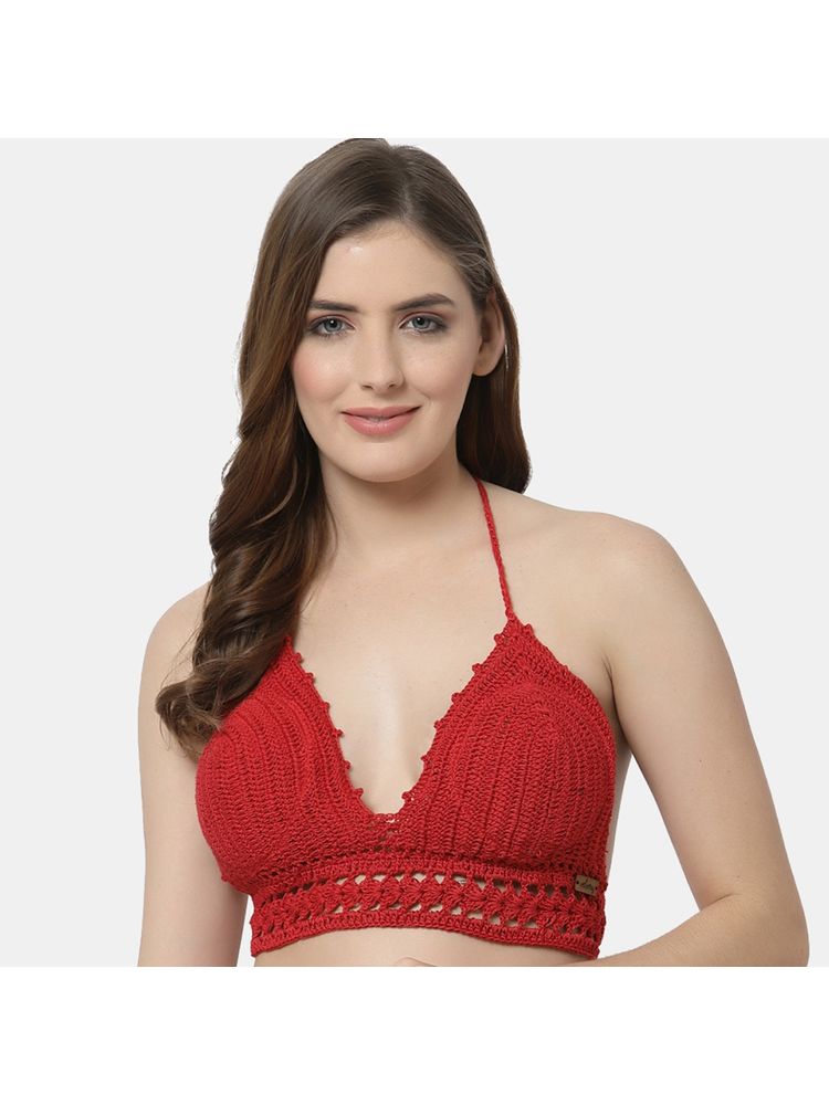 Velvery Handmade Halter Neck Padded Bralette Crop Top - Red