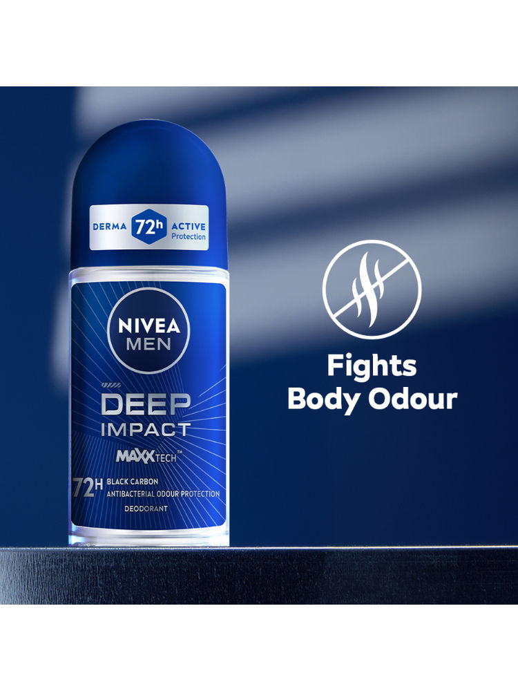 Nivea Men Deodorant Roll On Deep Impact Maxx Tech Freshness Black Carbon 72H Anti Perspirant Freshness