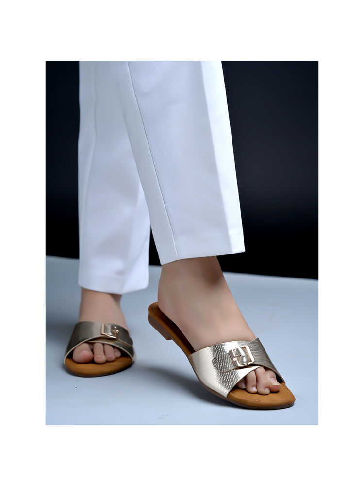 Shoetopia Buckle Detailed Golden Flats for Women-picture-16