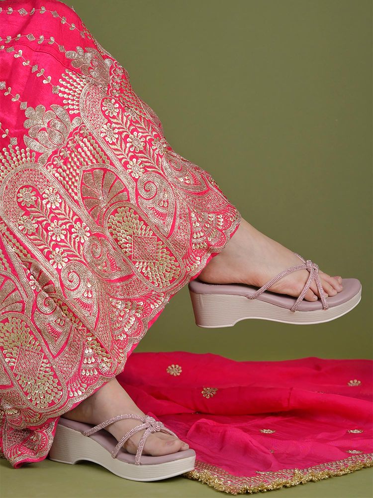 Shoetopia Women Pink Wedge Sandals-image-0