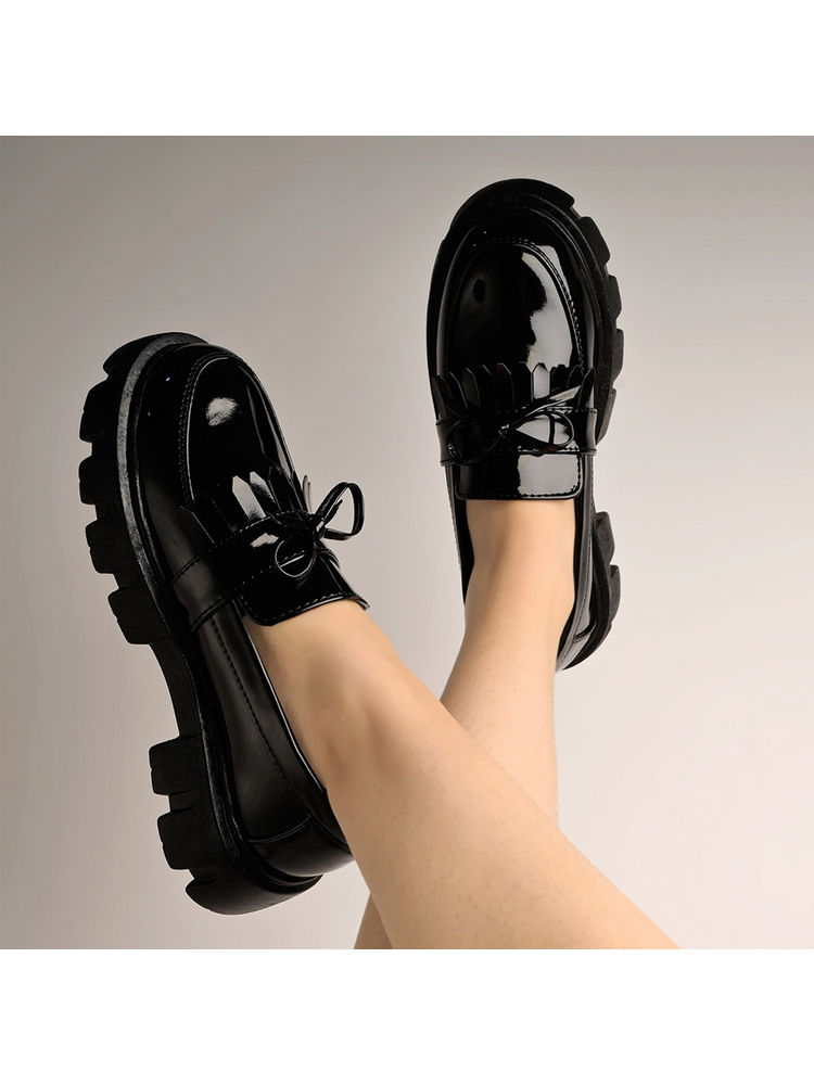 Shoetopia Front Tie Detailed Black Loafers for Women-picture-18
