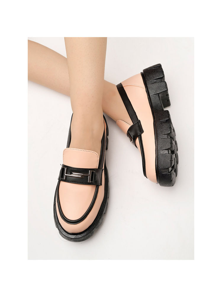 Shoetopia Front Buckle Detailed Peach Loafers for Women-picture-12