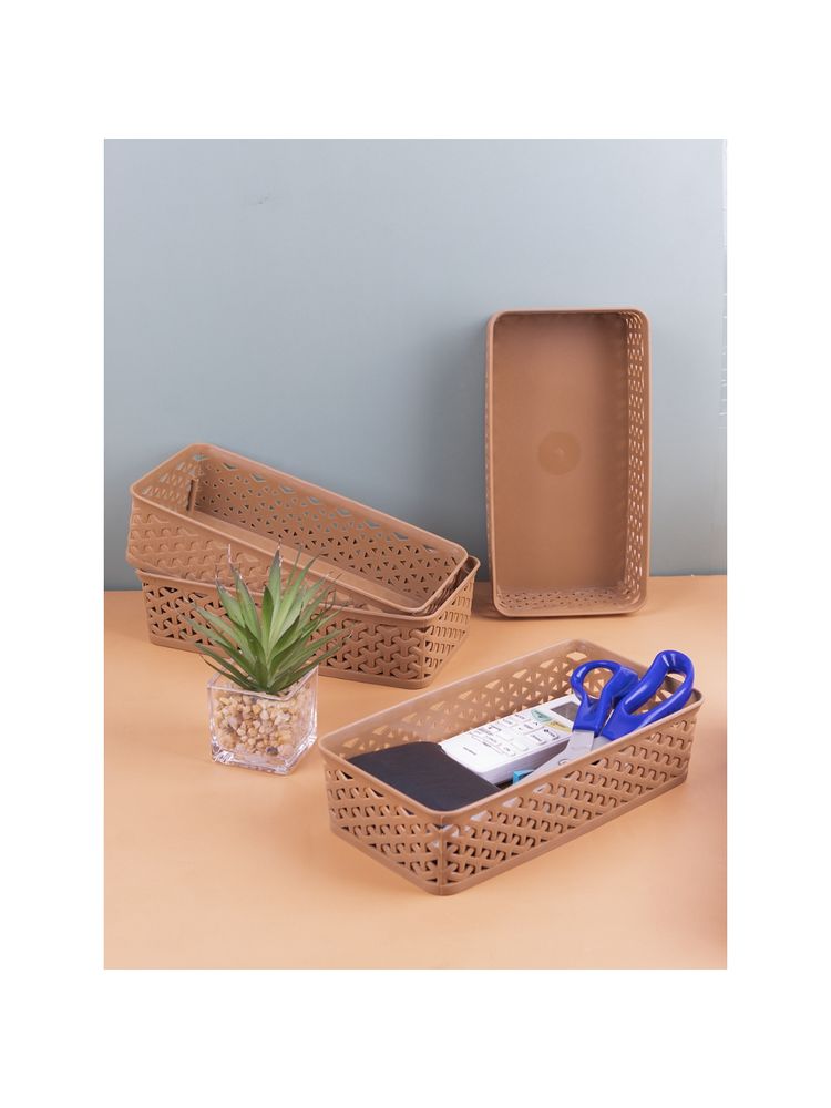 Voncasa Medium Plastic Multipurpose Storage Basket Set of 4 Solid Beige Colour-picture-13