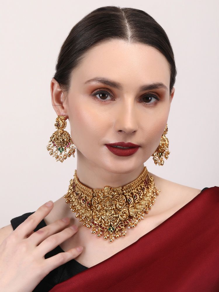 STILEADDA Matte Finish Red Lakshmi Jewellery Set-image-5