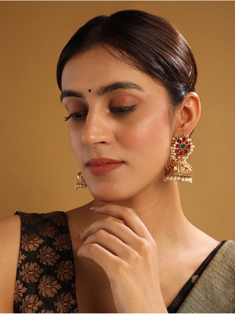 STILEADDA Gold Plated Kundan Jhumkas with Pearl Work-picture-47