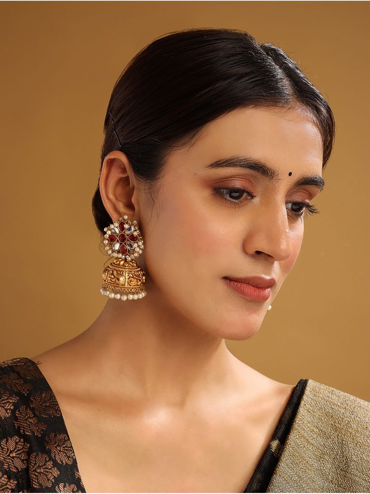 STILEADDA Antique Gold Kundan Jhumkas-picture-14