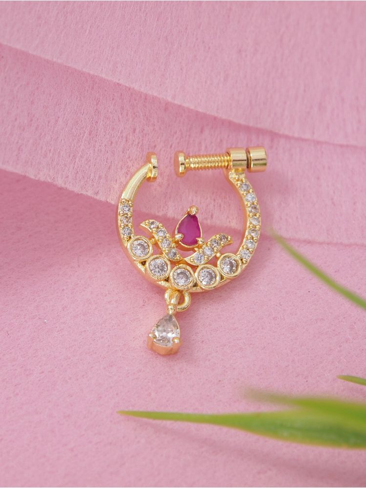 I Jewels Gold-Plated Pink Stone Studded Nose ring-image-4
