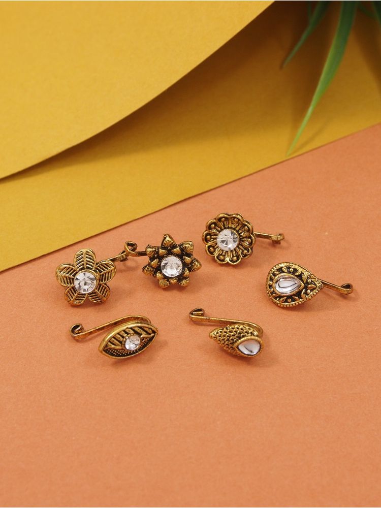 I Jewels Gold Plated Stone Studded Nose pin (Pack Of 6)-picture-21