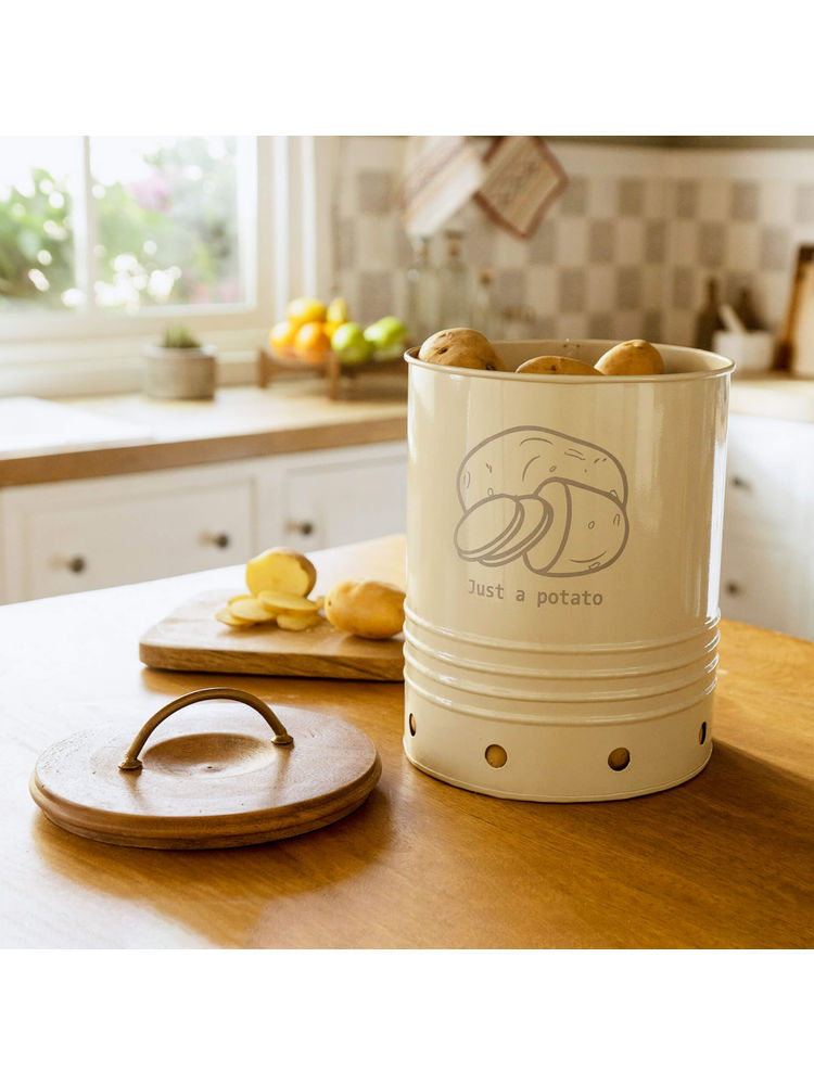 Ellementry Egg Shell Metal Potato Storage Bin With Wooden Lid