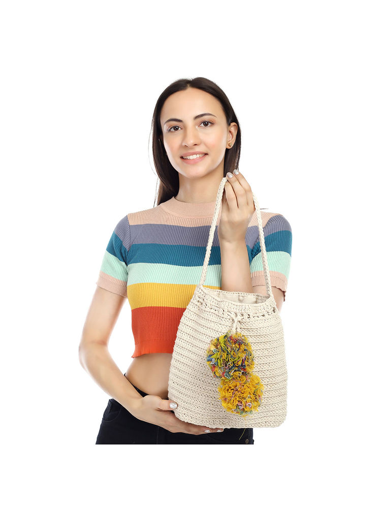 ITIHASIKALA Women Crochet Cotton Potli - Off White-picture-20