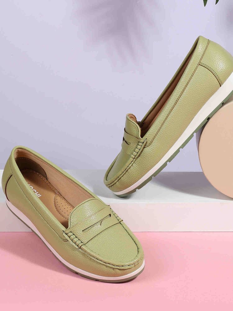 Mochi Green Synthetic Round Toe Loafers-image-8
