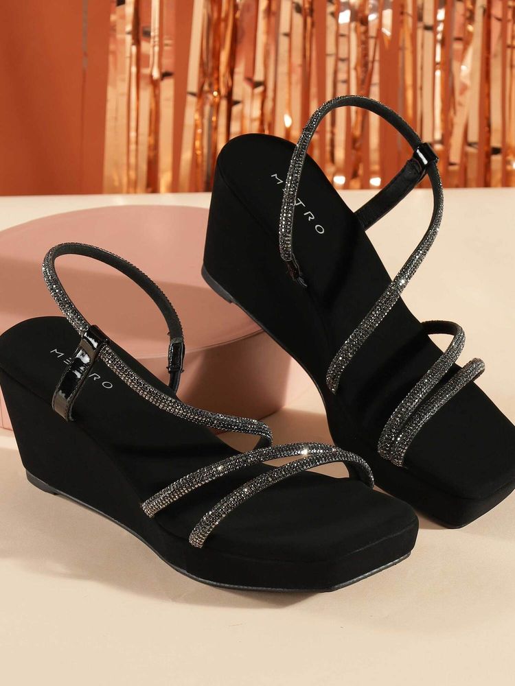 Metro Black Synthetic Square Toe Wedges-image-7