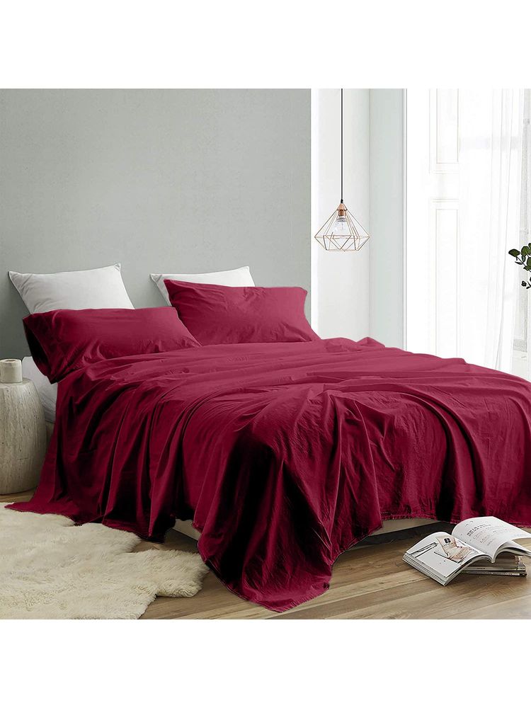 Indra's Maroon Cotton Solid Plain Bedsheet with 2 Pillow Covers (King)-image-47