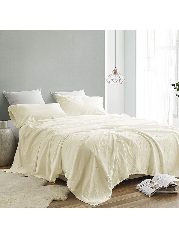 INDRA'S 300TC 100% Pure Cotton Ivory Plain King Bedsheet with 2 Pillow Covers-image-11