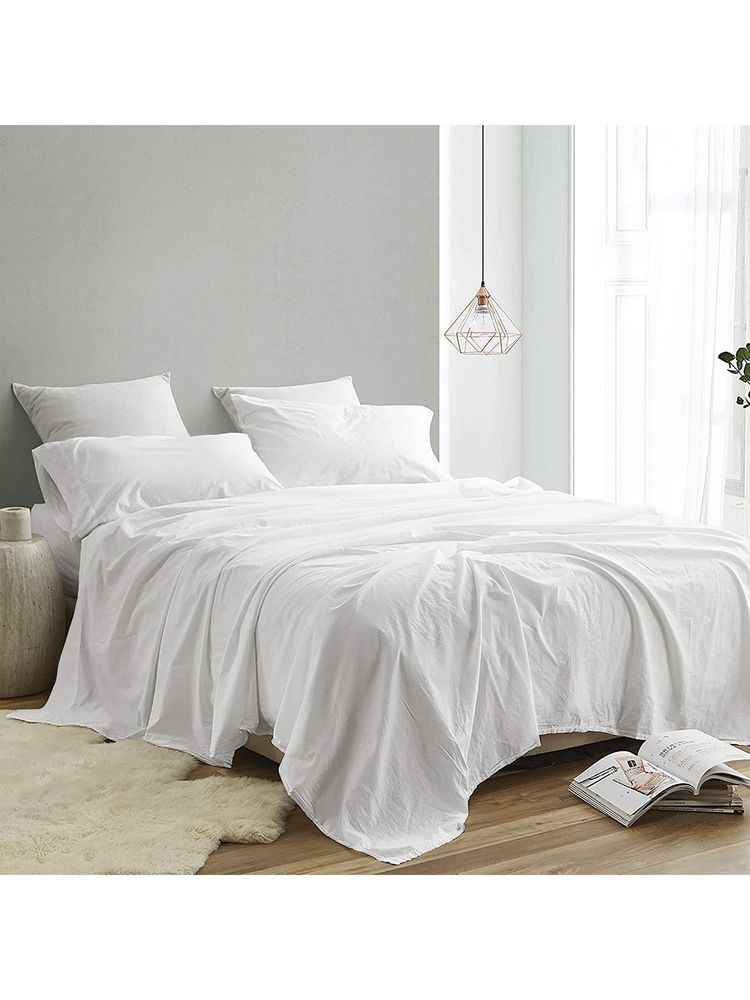 Indra's White Cotton Solid Plain Bedsheet with 2 Pillow Covers (King)-image-7