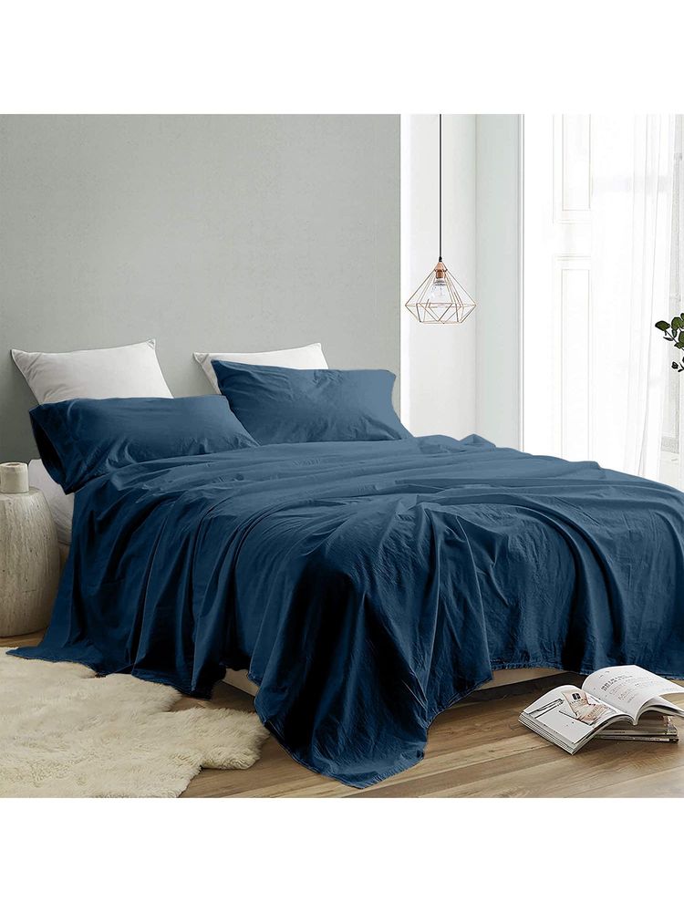 Indra's Navy Blue Cotton Solid Plain Bedsheet with 2 Pillow Covers (King)-image-49