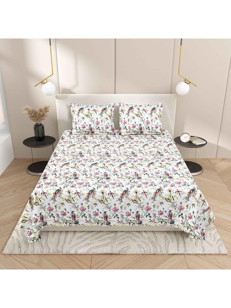INDRA'S 144TC Viscose Cotton Pink Floral Double Bedsheet With 2 Pillow Covers-image-49