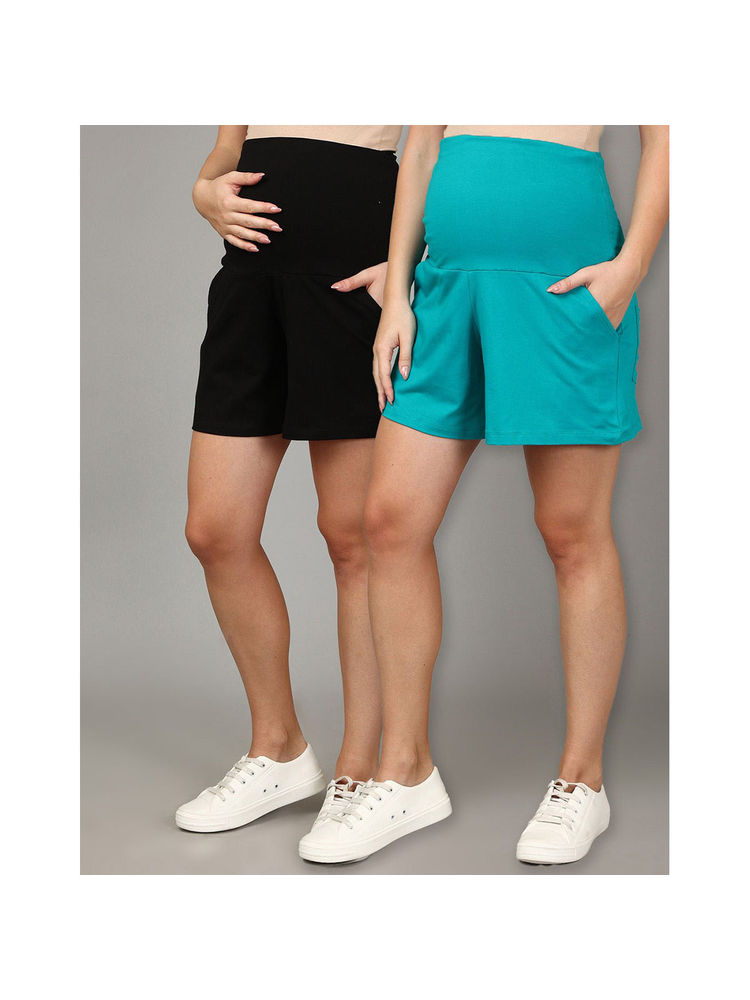 The Mom Store Comfy Maternity Shorts Blue & Black (Pack of 2)-image-1