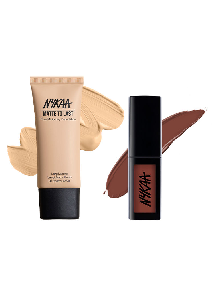 Nykaa Cosmetics Matte To Last Duo - Pore Minimizing Foundation 04 N Light + Liquid Lipstick - Chai