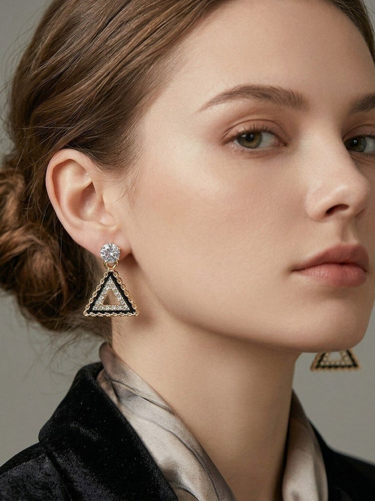 Accessher Gold Ad Triangle Black Enamel Dangle Drop Earrings-image-45