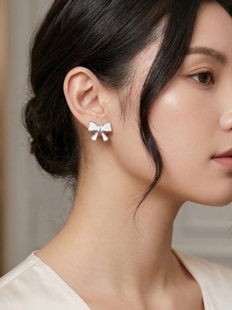 Accessher Silver White Enamel Bow Stud Earrings-image-4