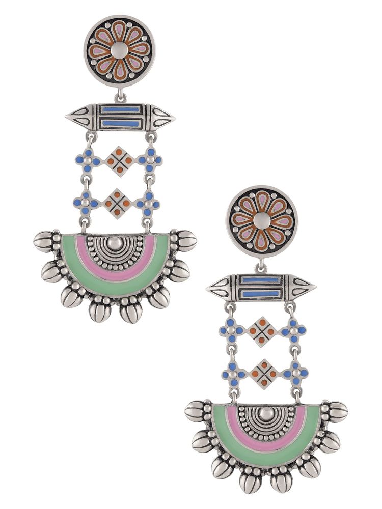 Tribe Amrapali Multi Enamel Chandrika Floral Taveez Half Moon Earrings-image-13