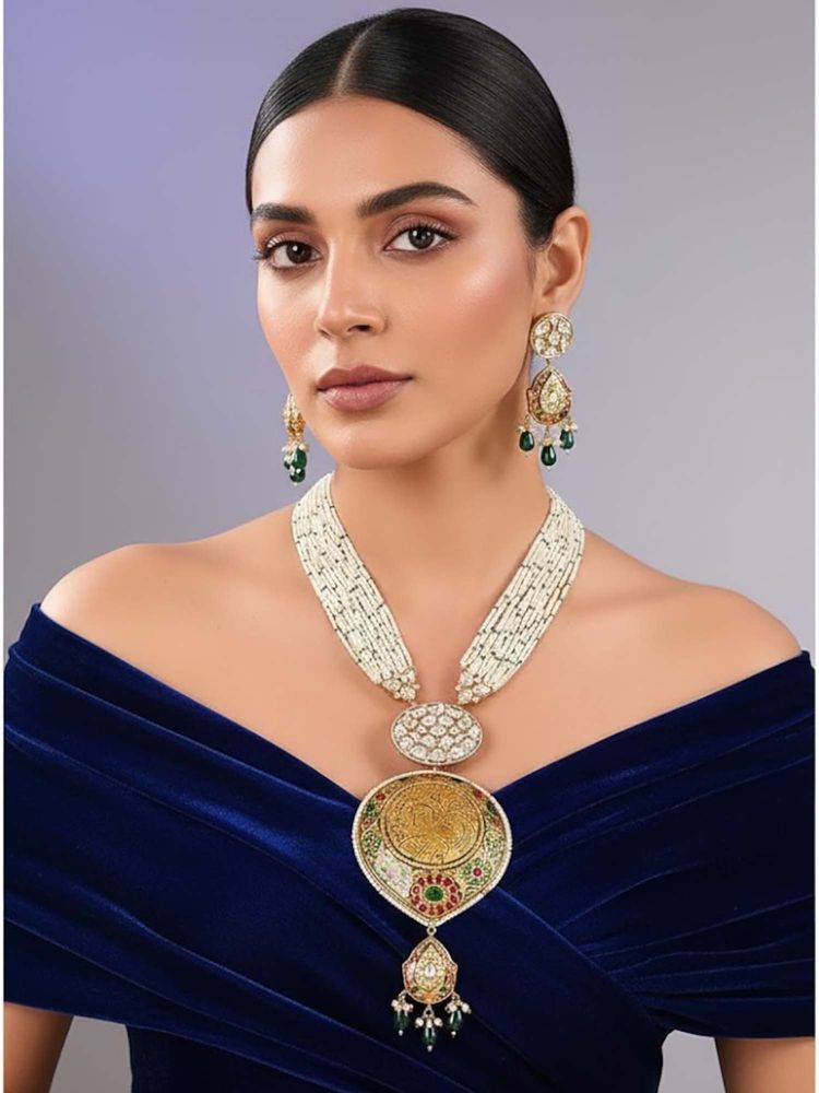 Auraa Trends Gold-Plated Meenakari Jewellery Set with Green Beads and Coin Pendant for Women-image-12