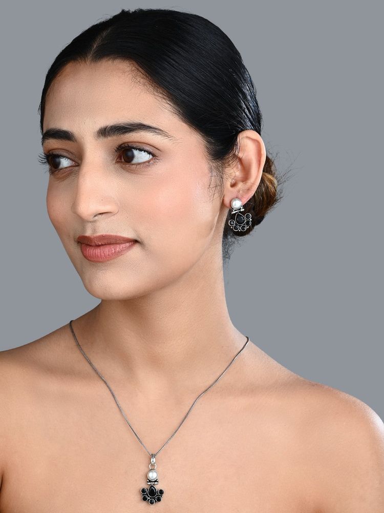 Anvik Floral Crystal Black Pendant Necklace Set with Stud Earrings-image-2