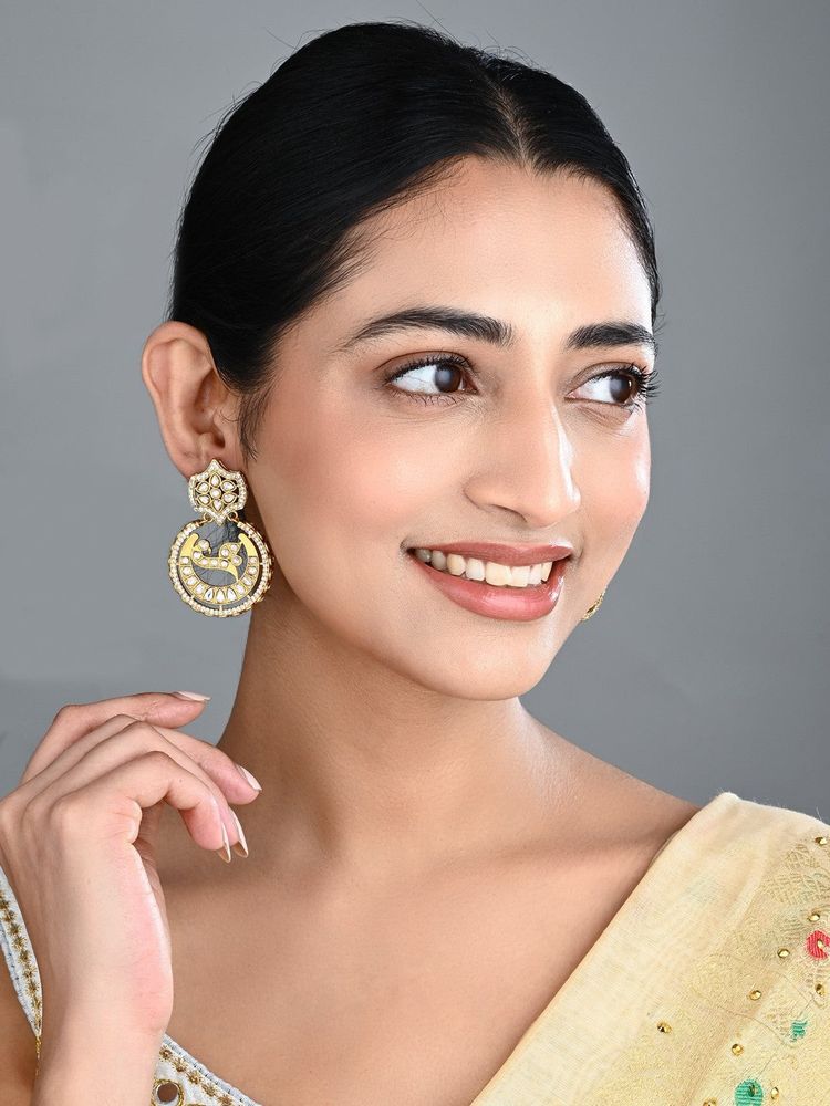 Anvik Gold-Tone White Kundan Chandbali Statement Earrings-image-31