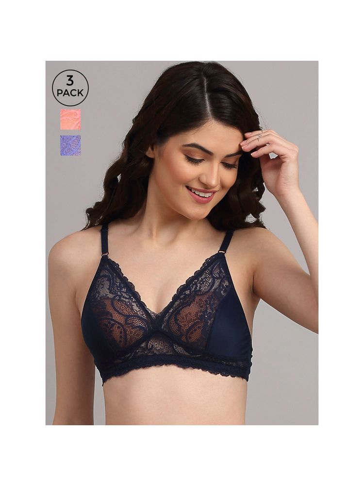 AOBA Pink & Black Pack of 3 Non Padded Non Wired Everyday Lace Bra-picture-19