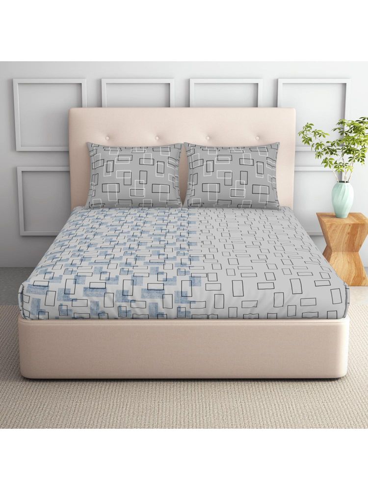 SPACES Aurum 132 Tc Polycotton Geometric Double Bedsheet With 2 Pillow Covers Light Blue-image-49