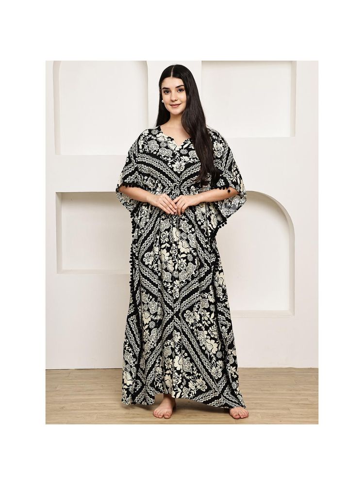 Secret Wish Black Floral Rayon Kaftan Nighty-picture-11