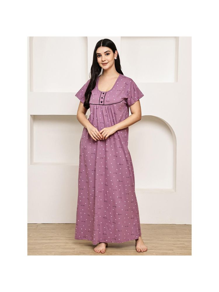 Secret Wish Purple Printed Hosiery Nighty-image-10