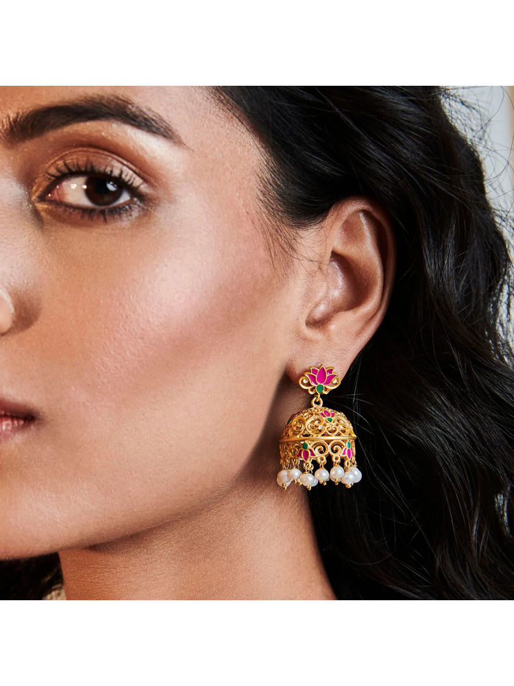 ZARIIN 22KT Gold Dipped in Pink Enamel Gul Lotus Jhumkas-picture-21