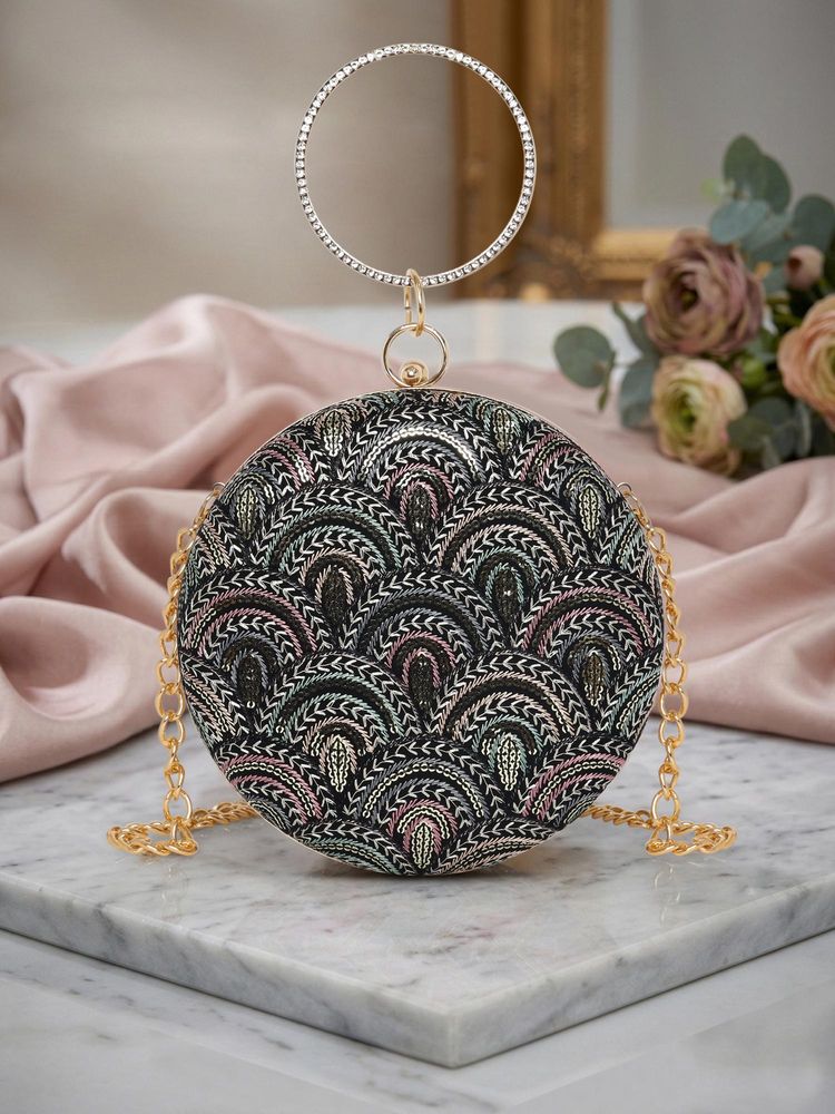 ESBEDA Black Color Embroidered Round Party Clutch with Detachable Chain (Small)-picture-35
