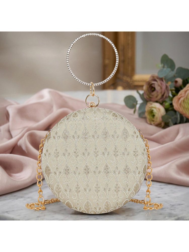 ESBEDA Beige Color Alora Pearl Circle Clutch with Detachable Chain (Small)-picture-13