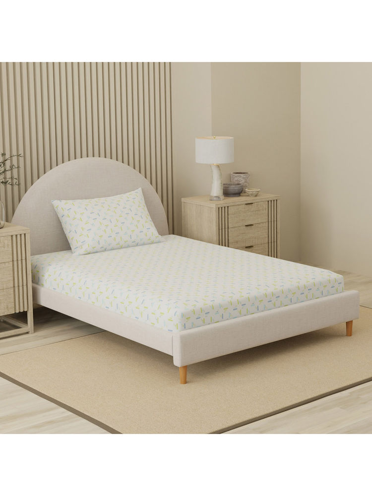 Boutique Living Cottage Garden Yellow & Blue Geometric Single Bedsheet With Pillow Cover-image-4