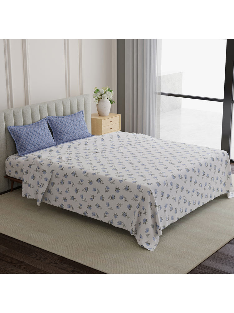 Boutique Living Embrace 100% Cotton 152 TC Blue & White Floral King Bedsheet With Pillow Covers-image-4