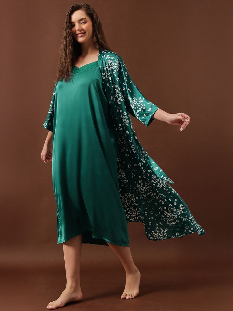 Clovia Satin Printed Long Nighty and Robe Set-picture-17