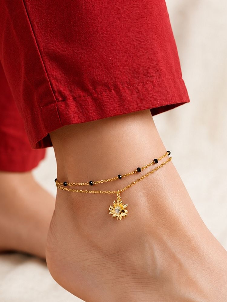 ARTKLIM Gold Flower Charm Black Anklet for Women-picture-13