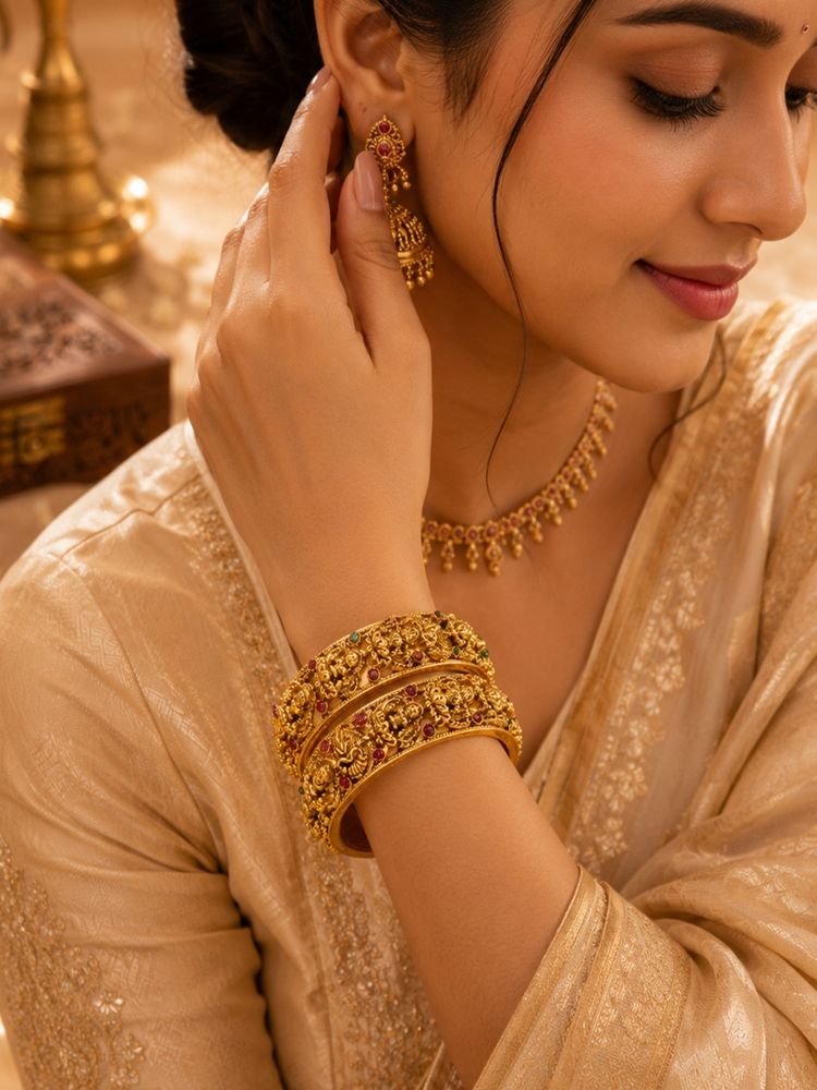 SUGARFRILL Gold Plated Ruby Multi-Color Stone Temple Bangles (Pack of 2)-image-38