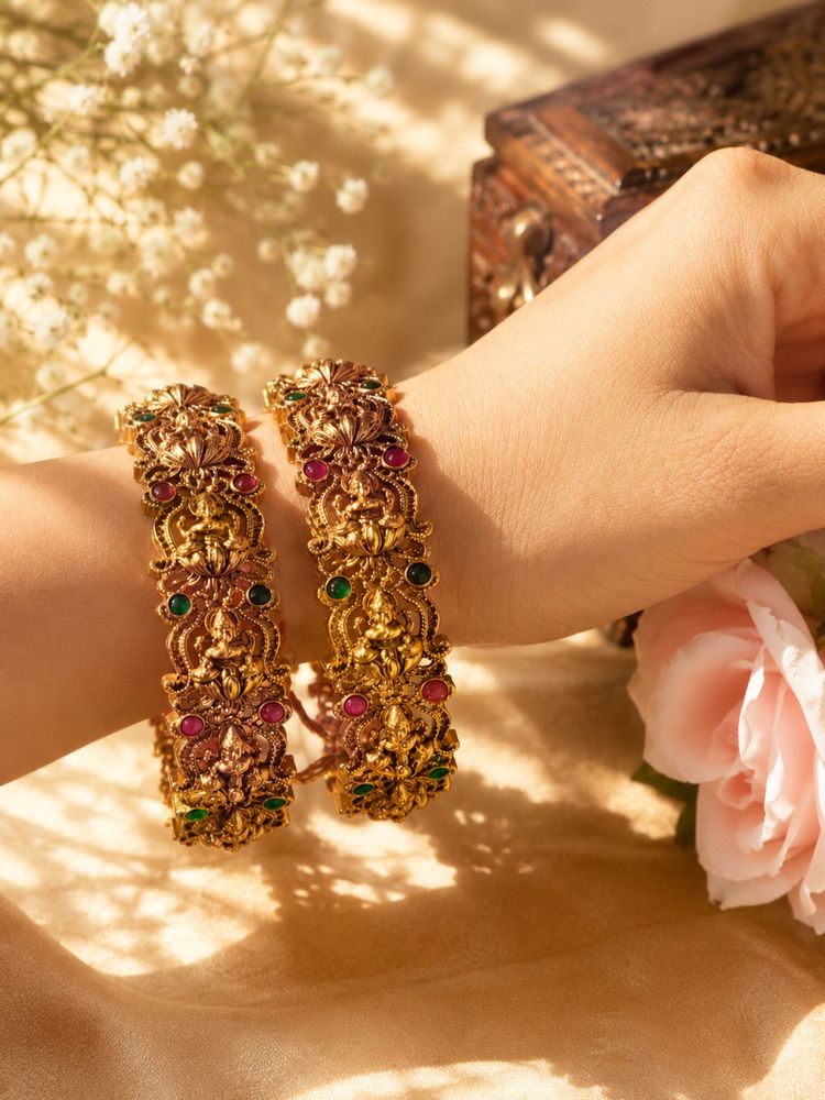 SUGARFRILL Gold Plated Ruby Multi-Color Stone Lakshmi Temple Bangles (Pack of 2)-image-39
