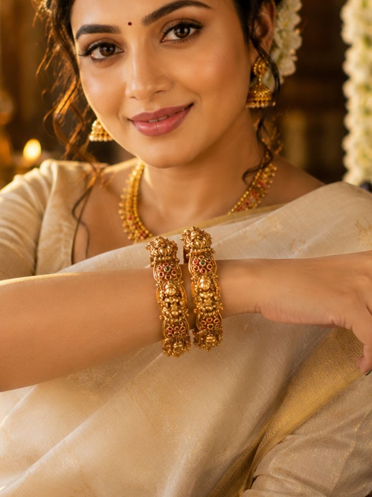 SUGARFRILL Gold Plated Ruby Multi-Color Stone Goddess Temple Bangles (Pack of 2)-image-40