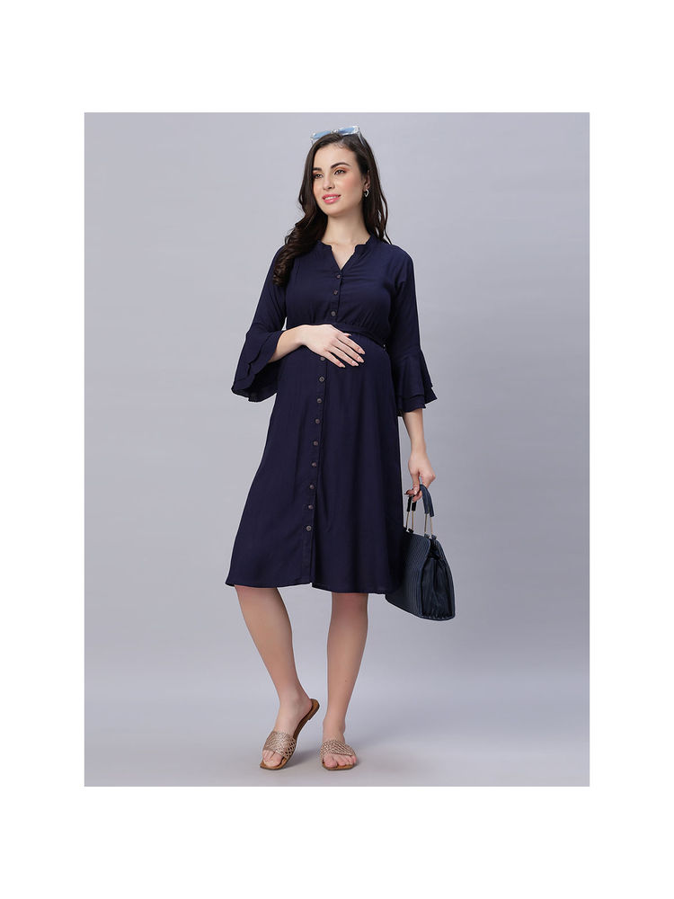 Mamma's Maternity Navy Blue Solid Rayon Maternity/Feeding Dress with Belt (Set of 2)-picture-21